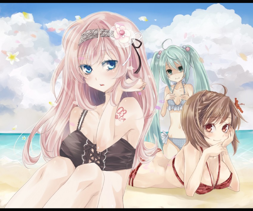 hatsune miku, megurine luka, and meiko (vocaloid) drawn by mikipa