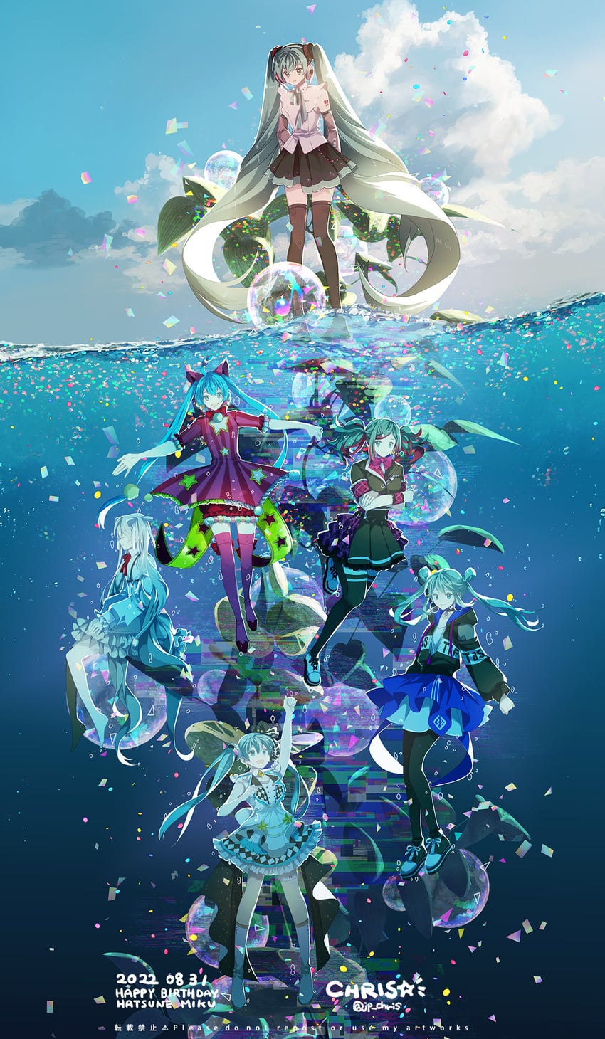 hatsune miku, 25-ji miku, wonderlands x showtime miku, vivid bad squad miku, leo/need miku, and 1 more (vocaloid and 1 more) drawn by chris4708