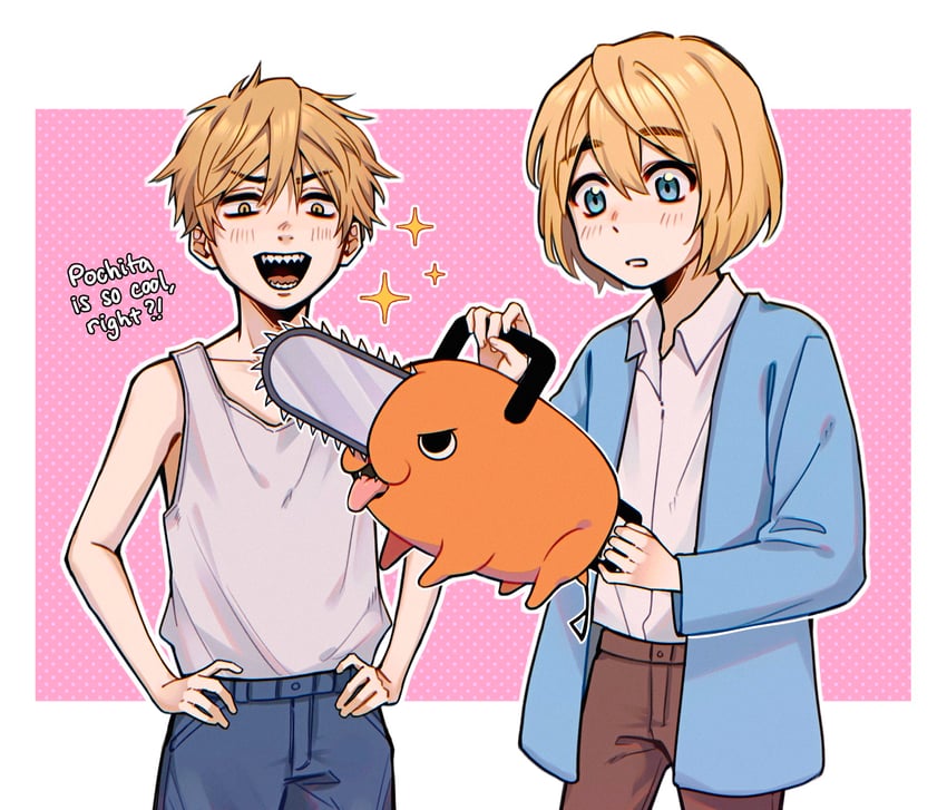 denji, pochita, armin arlert, and inoue marina (chainsaw man and 1 more) drawn by keksimuru