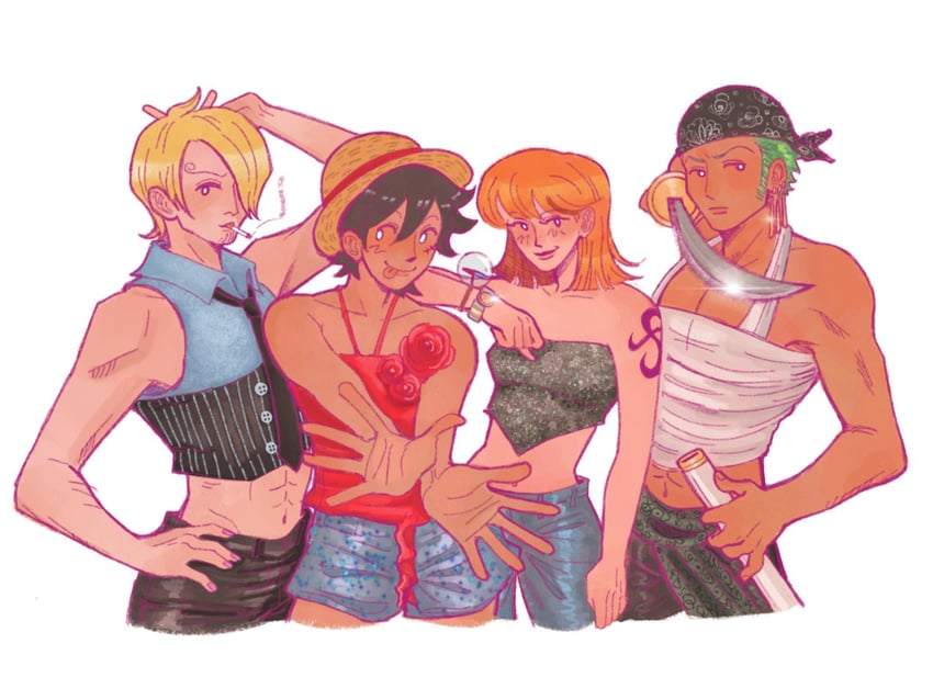 nami, monkey d. luffy, roronoa zoro, and sanji (one piece) drawn by amzingnerd