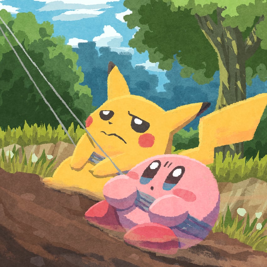 pikachu and kirby (pokemon and 1 more) drawn by miclot
