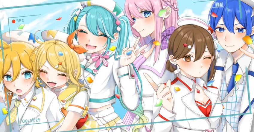 hatsune miku, kagamine rin, kagamine len, megurine luka, kaito, and 7 more (vocaloid and 1 more) drawn by nano_(nano_15)