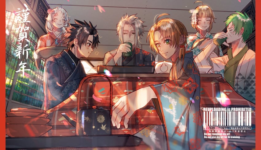 sylphiette, rudeus greyrat, norn greyrat, ruijerd superdia, orsted, and 1 more (mushoku tensei) drawn by skasr_033
