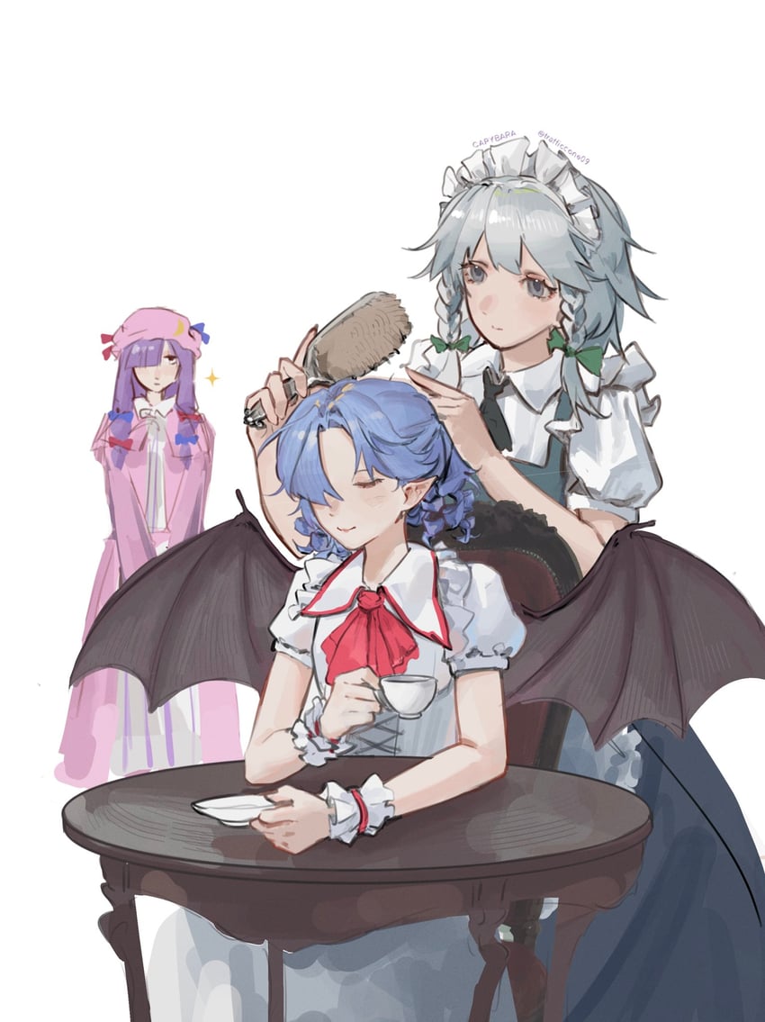 remilia scarlet, izayoi sakuya, and patchouli knowledge (touhou) drawn by capybara_(trafficcone09)