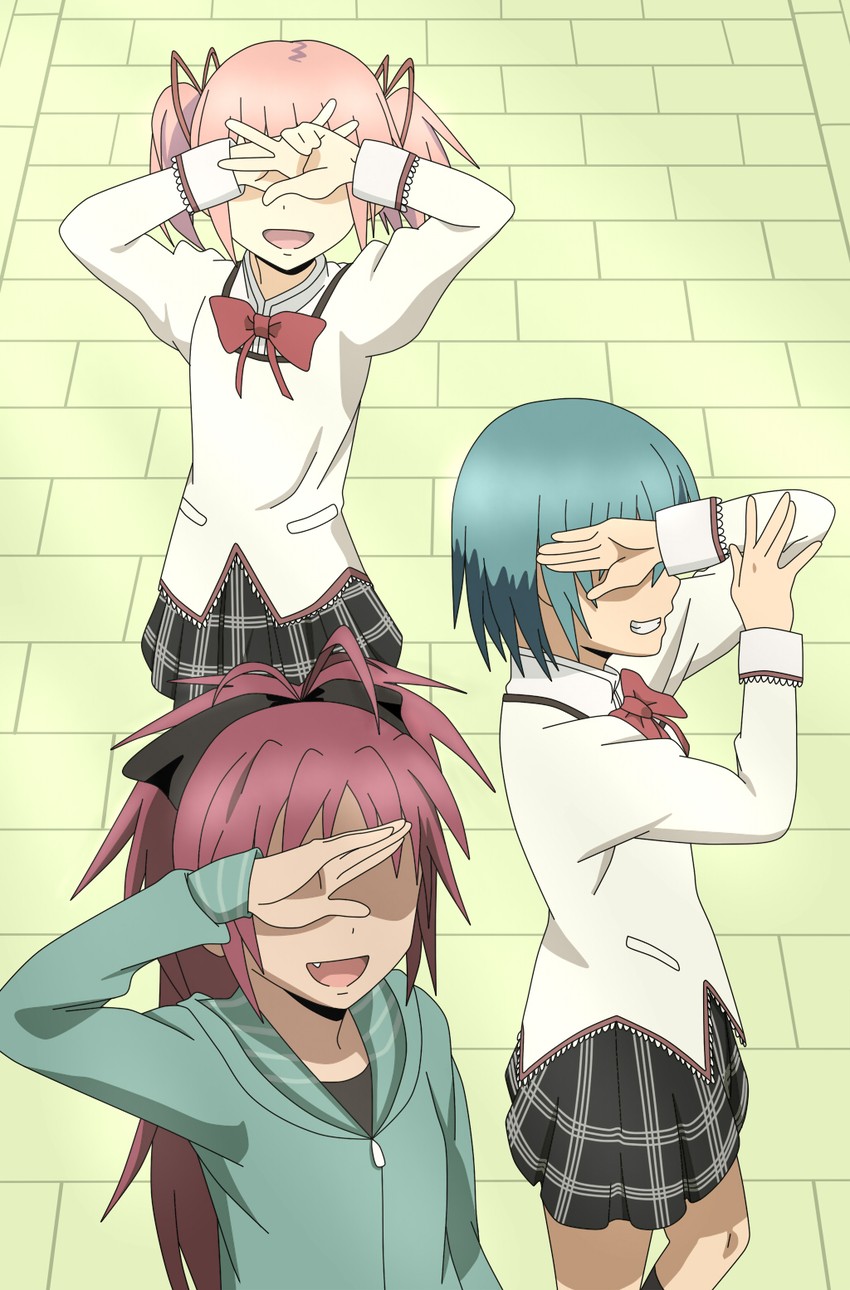 kaname madoka, miki sayaka, and sakura kyoko (mahou shoujo madoka magica and 1 more) drawn by kaze_(bluewind)