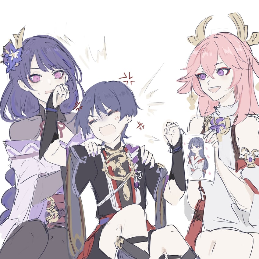 raiden shogun, scaramouche, and yae miko (genshin impact) drawn by sgm618
