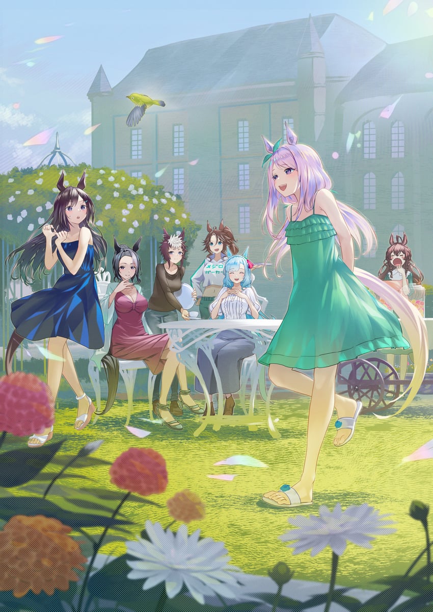 mejiro mcqueen, mejiro ardan, mejiro dober, mejiro palmer, mejiro ramonu, and 2 more (umamusume) drawn by nabe_puyo