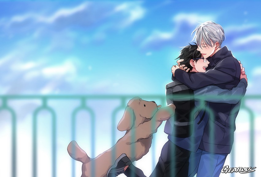 katsuki yuuri, viktor nikiforov, and makkachin (yuri!!! on ice) drawn by gearous