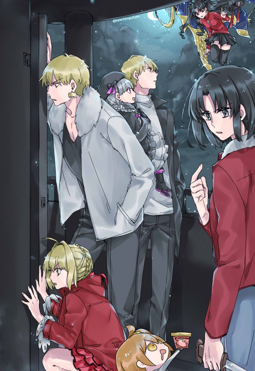 fujimaru ritsuka, nero claudius, tohsaka rin, ishtar, ryougi shiki, and 2 more (fate and 5 more) drawn by 88_(einnimnech)