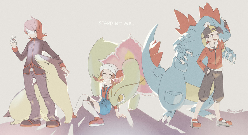 ethan, lyra, silver, typhlosion, feraligatr, and 1 more (pokemon and 1 more) drawn by hibariyama_(1788982)