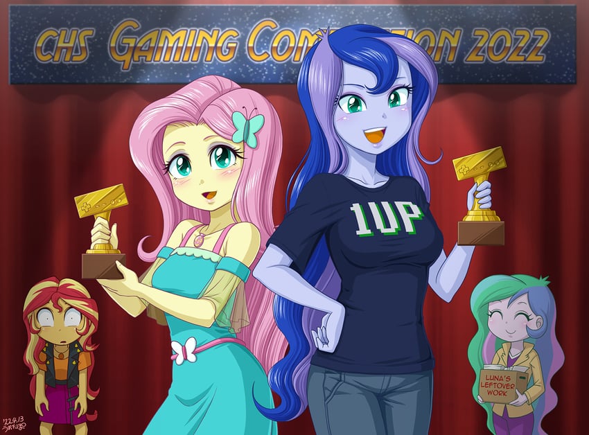 fluttershy, princess luna, princess celestia, sunset shimmer, principal celestia, and 1 more (my little pony and 2 more) drawn by uotapo