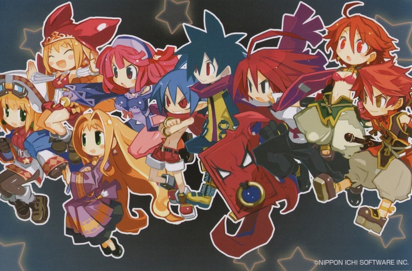 laharl, prier, cornet espoir, kururu, adell, and 4 more (disgaea and 9 more) drawn by harada_takehito