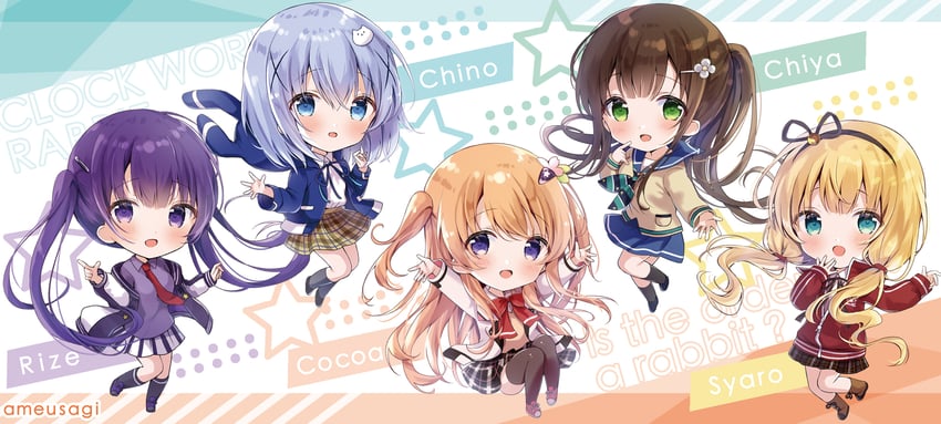 kafuu chino, hoto cocoa, kirima syaro, tippy, tedeza rize, and 1 more (gochuumon wa usagi desu ka? and 1 more) drawn by amedamacon