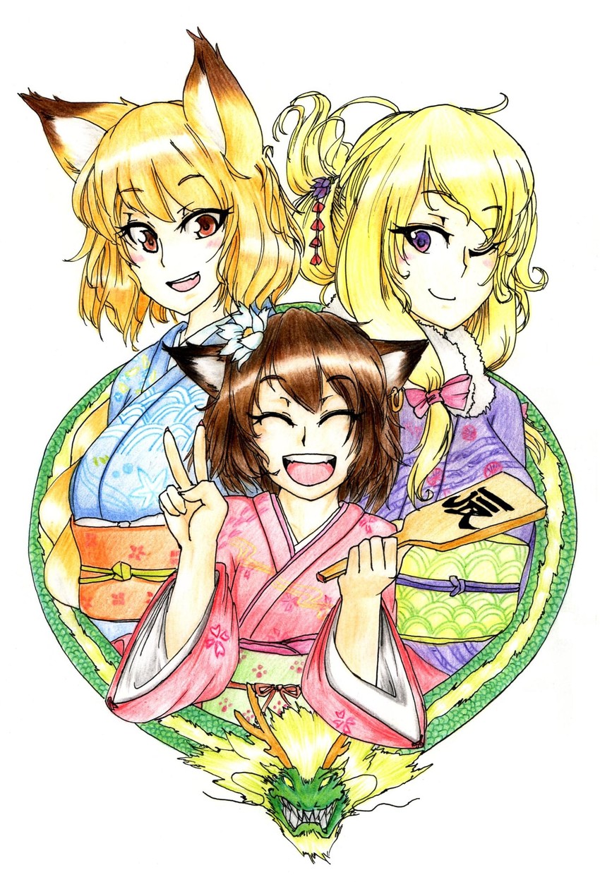 yakumo yukari, yakumo ran, and chen (touhou) drawn by ikazaemon_(ten_oto)