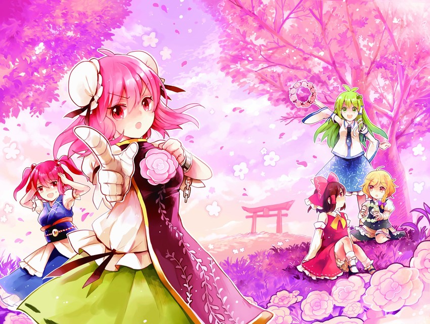 hakurei reimu, kirisame marisa, kochiya sanae, onozuka komachi, and ibaraki kasen (touhou and 1 more) drawn by azuma_aya