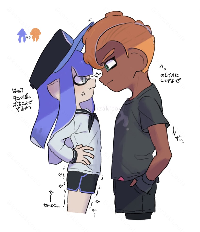 inkling player character, inkling girl, octoling player character, and octoling boy (splatoon) drawn by coula_cat