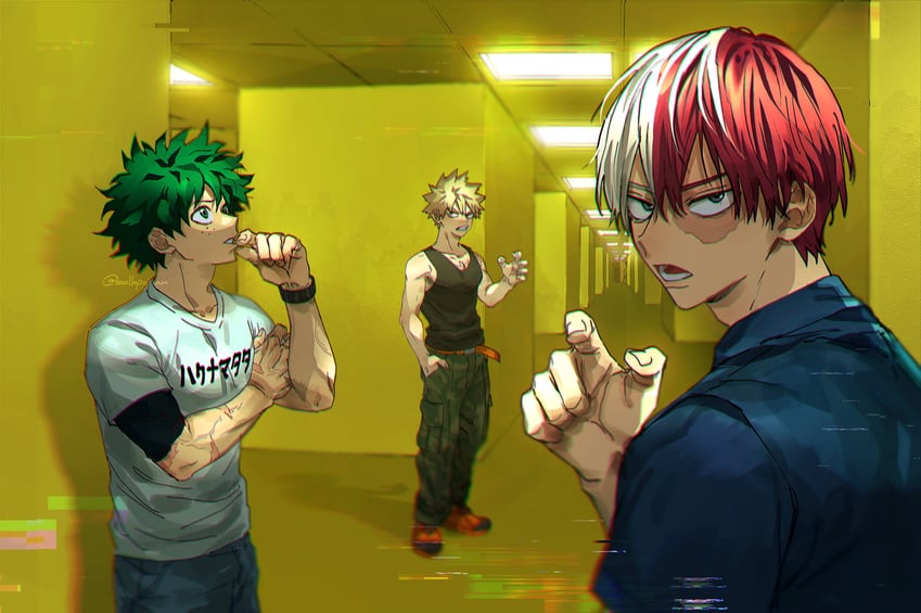 midoriya izuku, bakugou katsuki, todoroki shoto, and bacteria (boku no hero academia and 1 more) drawn by scallopojisan
