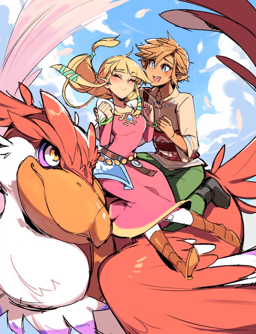 link, princess zelda, and loftwing (the legend of zelda and 1 more) drawn by almightychiru