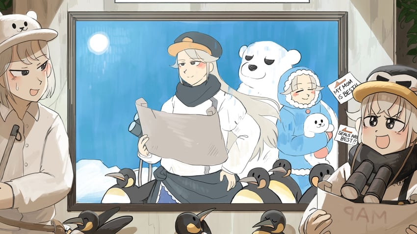 penguin keeper, polar bear keeper, polar keepers' mother, and seal keeper's mother (zookeepers) drawn by diva_(hyxpk)
