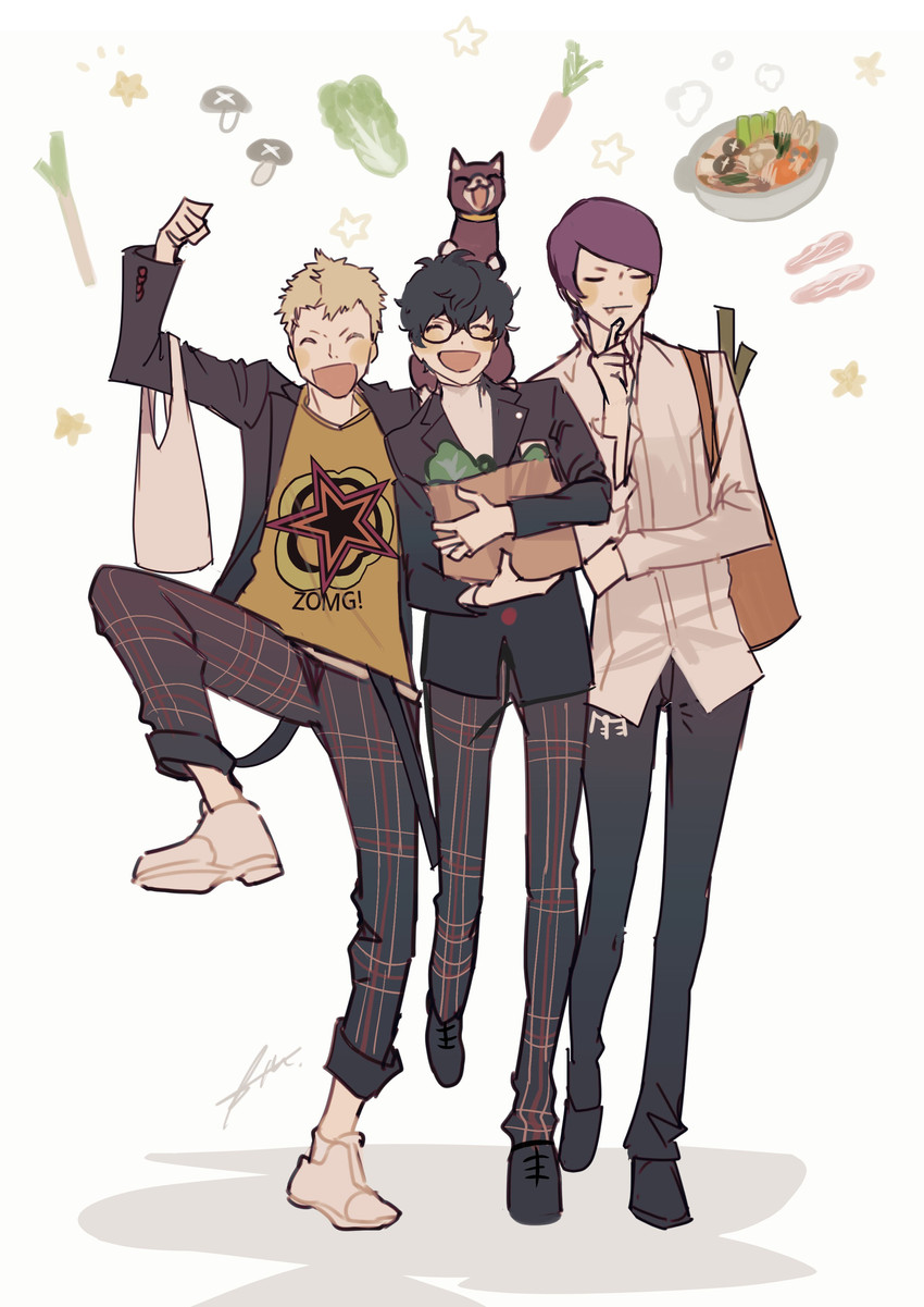 amamiya ren, sakamoto ryuuji, morgana, and kitagawa yuusuke (persona and 1 more) drawn by btmr_game