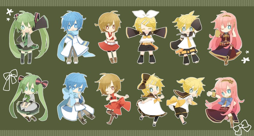 hatsune miku, kagamine rin, kagamine len, megurine luka, kaito, and 1 more (vocaloid) drawn by yoshiki