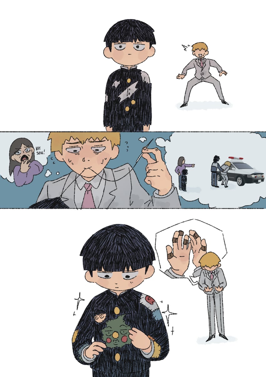 kageyama shigeo, reigen arataka, ekubo, red, and mrs. kageyama (mob psycho 100 and 1 more) drawn by cutystuffy