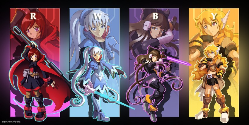 ruby rose, weiss schnee, yang xiao long, and blake belladonna (mega man and 2 more) drawn by ultimatemaverickx