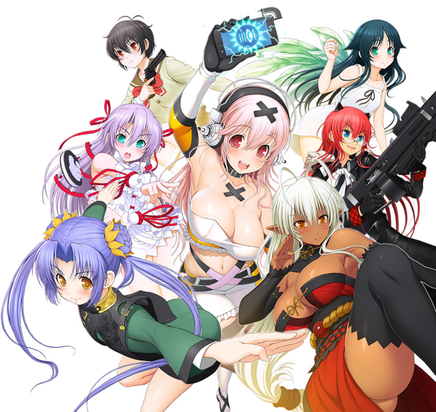 super sonico, saya, sansei muramasa, al azif, ein, and 2 more (nitroplus and 8 more) drawn by tsuji_santa