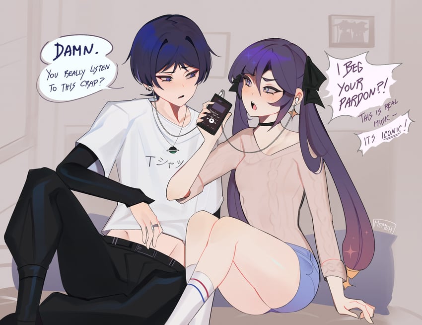 scaramouche, mona, and taylor swift (genshin impact) drawn by memeh