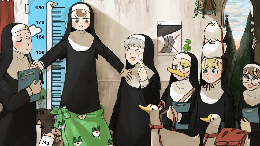 clumsy nun, froggy nun, spicy nun, sheep nun, glasses nun, and 2 more (little nuns) drawn by diva_(hyxpk)