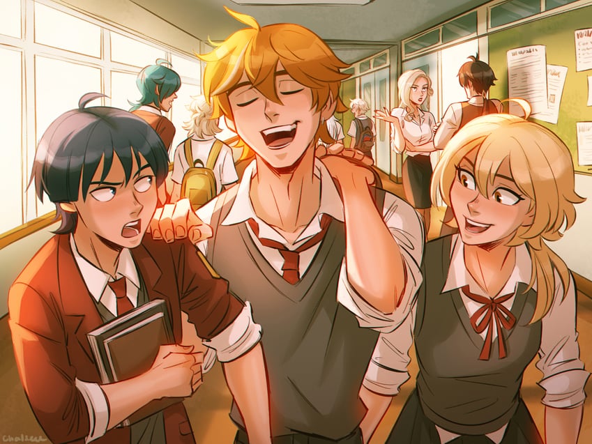 lumine, scaramouche, zhongli, tartaglia, kaeya, and 4 more (genshin impact) drawn by chalseu