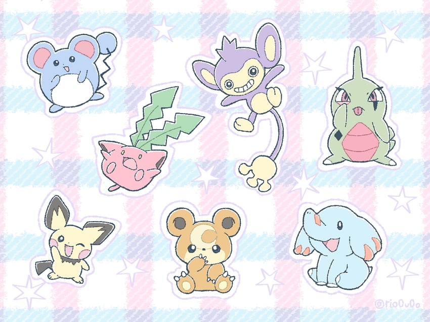 pichu, marill, hoppip, teddiursa, aipom, and 2 more (pokemon) drawn by rio_(rio0v0o)