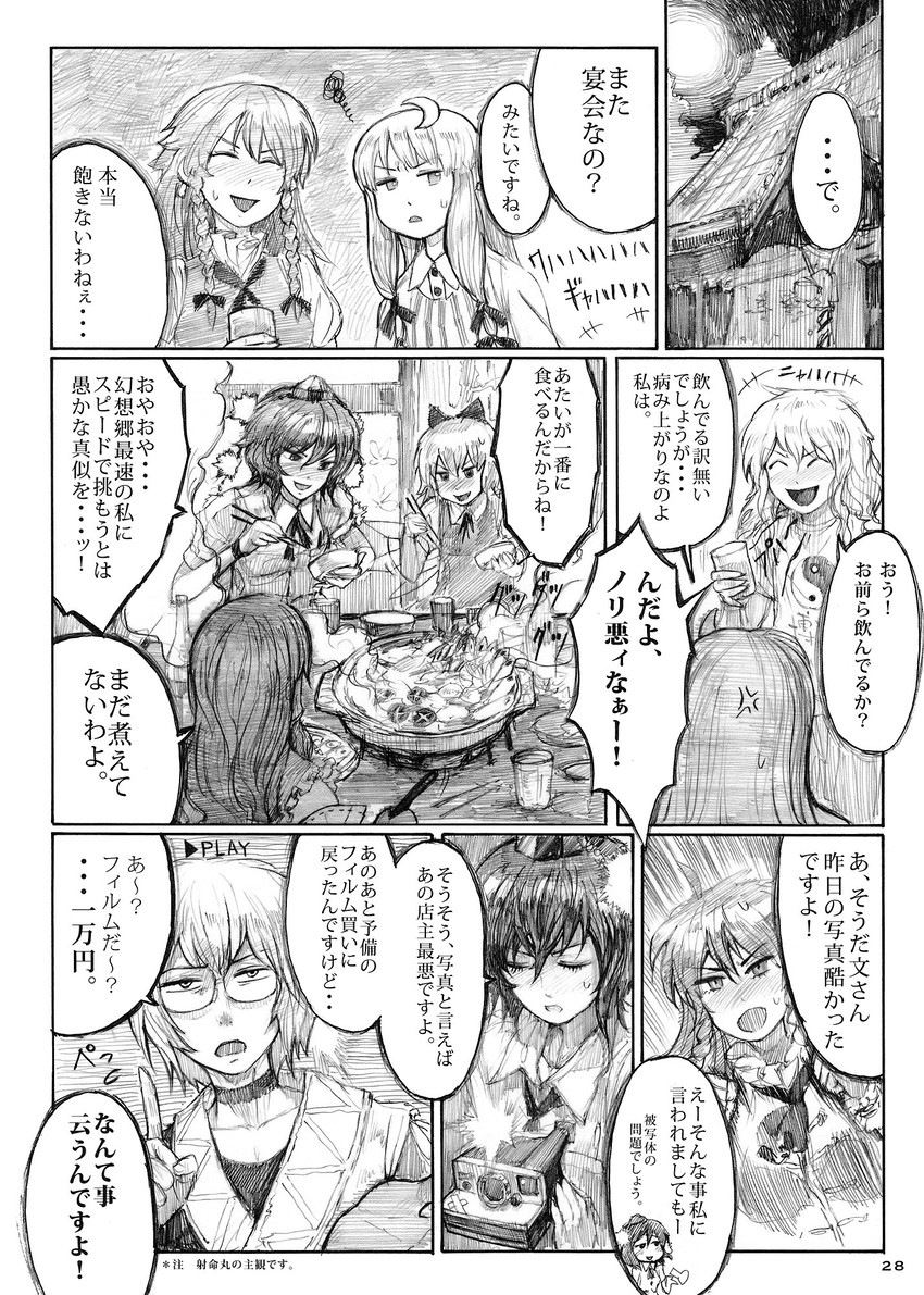 hakurei reimu, kirisame marisa, cirno, patchouli knowledge, shameimaru aya, and 2 more (touhou) drawn by chihiro_(kemonomichi)