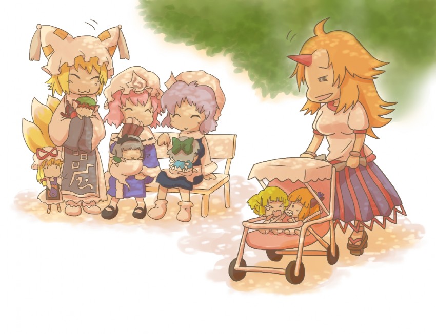 konpaku youmu, cirno, yakumo yukari, saigyouji yuyuko, yakumo ran, and 5 more (touhou) drawn by issin.