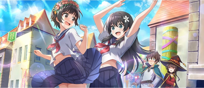 megumin, satou kazuma, saten ruiko, and uiharu kazari (toaru majutsu no index and 3 more)
