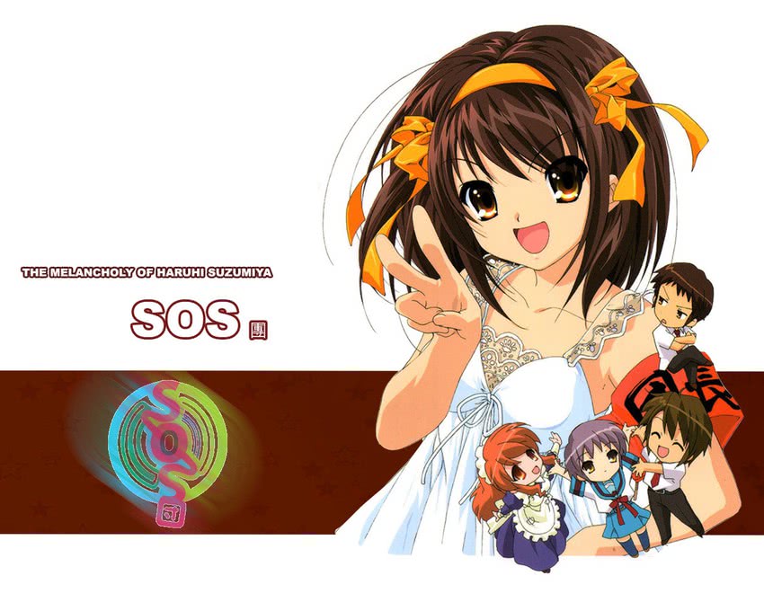 suzumiya haruhi, nagato yuki, asahina mikuru, kyon, and koizumi itsuki (suzumiya haruhi no yuuutsu)