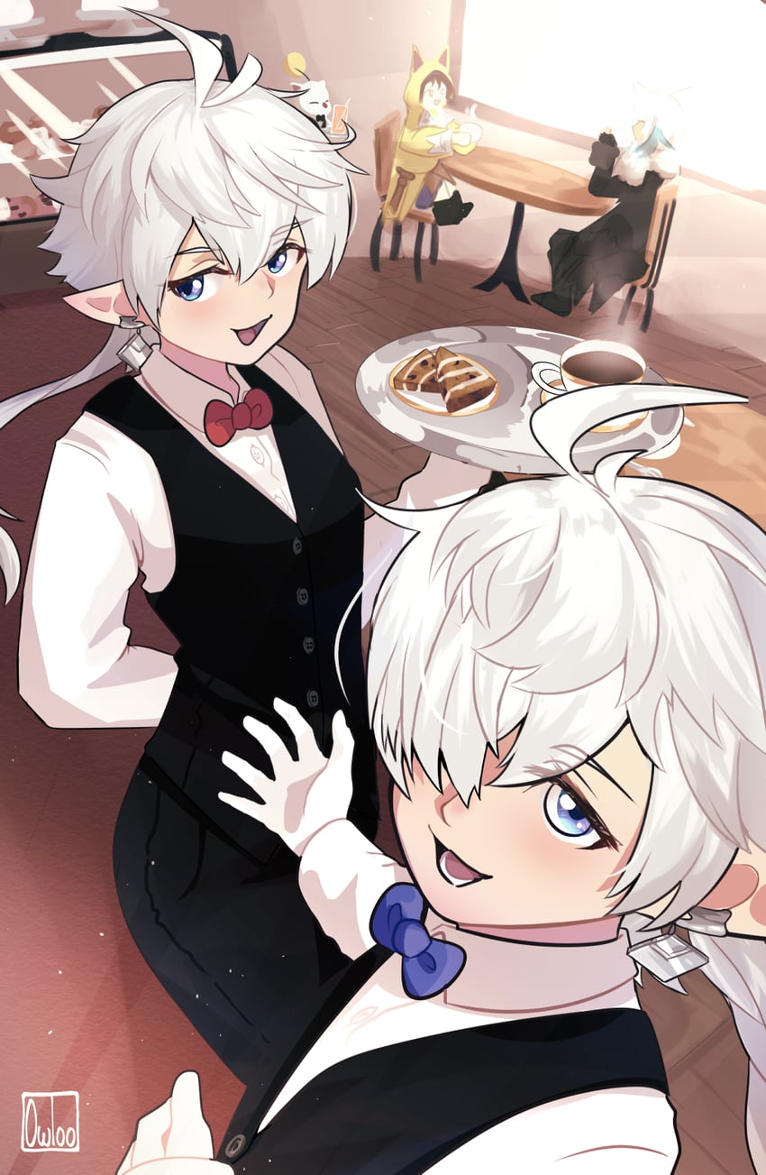 moogle, y'shtola rhul, alisaie leveilleur, alphinaud leveilleur, and krile baldesion (final fantasy and 1 more) drawn by owloo_art