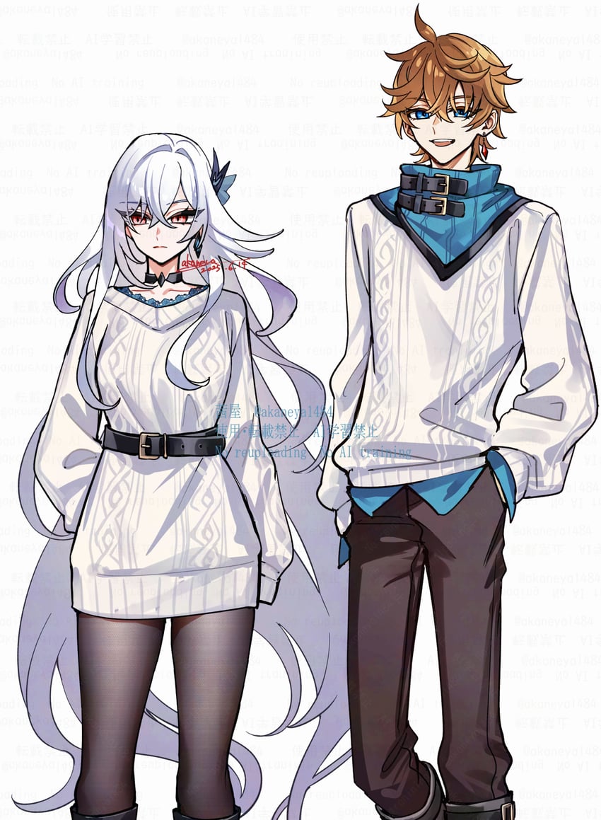 tartaglia and skirk (genshin impact) drawn by ojo_aa