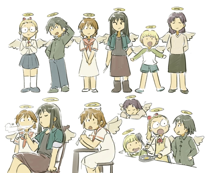 rakka, reki, kana, hikari, nemu, and 1 more (haibane renmei) drawn by tsubobot