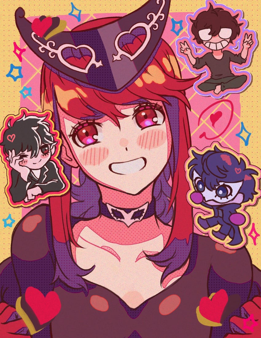 amamiya ren, yoshizawa kasumi, joker, violet, and yoshizawa sumire (persona and 2 more) drawn by andrich_galam