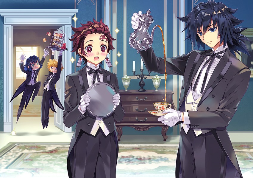kamado tanjirou, tomioka giyuu, agatsuma zenitsu, and hashibira inosuke (kimetsu no yaiba) drawn by carnelian