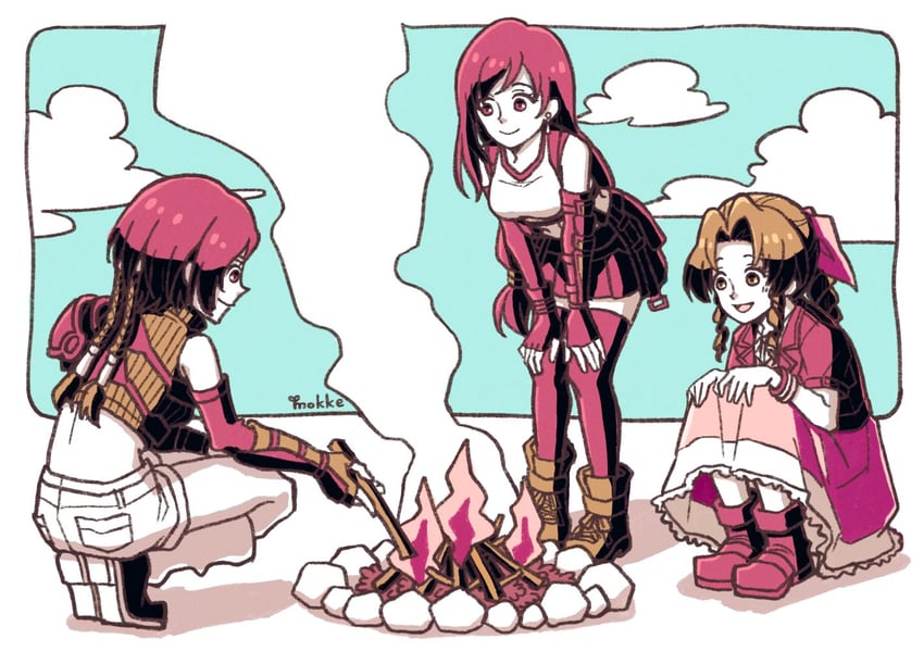 tifa lockhart, aerith gainsborough, and yuffie kisaragi (final fantasy and 3 more) drawn by moke_mokke