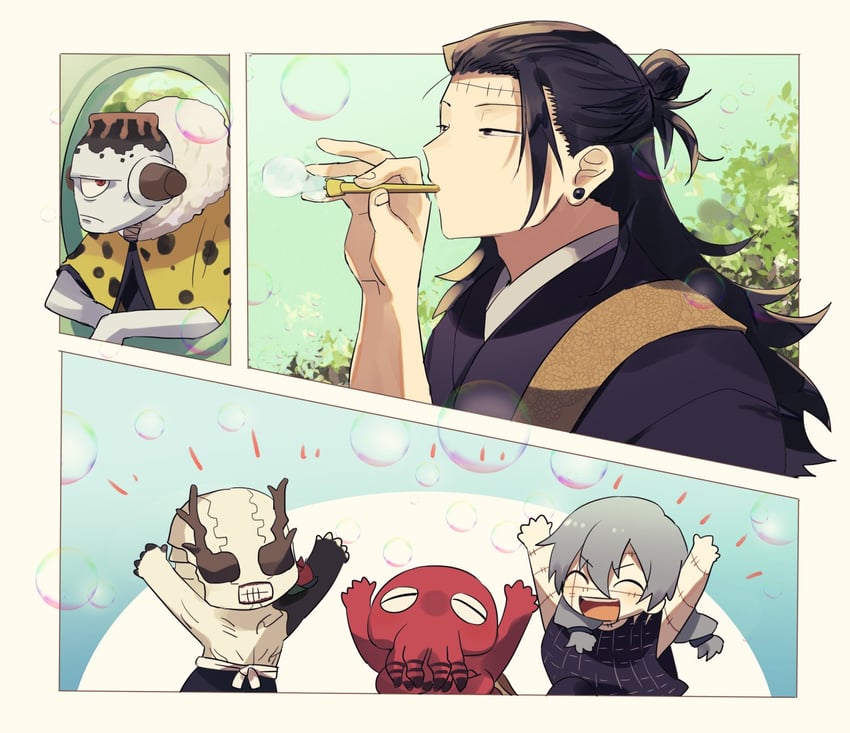 getou suguru, mahito, kenjaku, jogo, hanami, and 1 more (jujutsu kaisen) drawn by yuu_(areruya)
