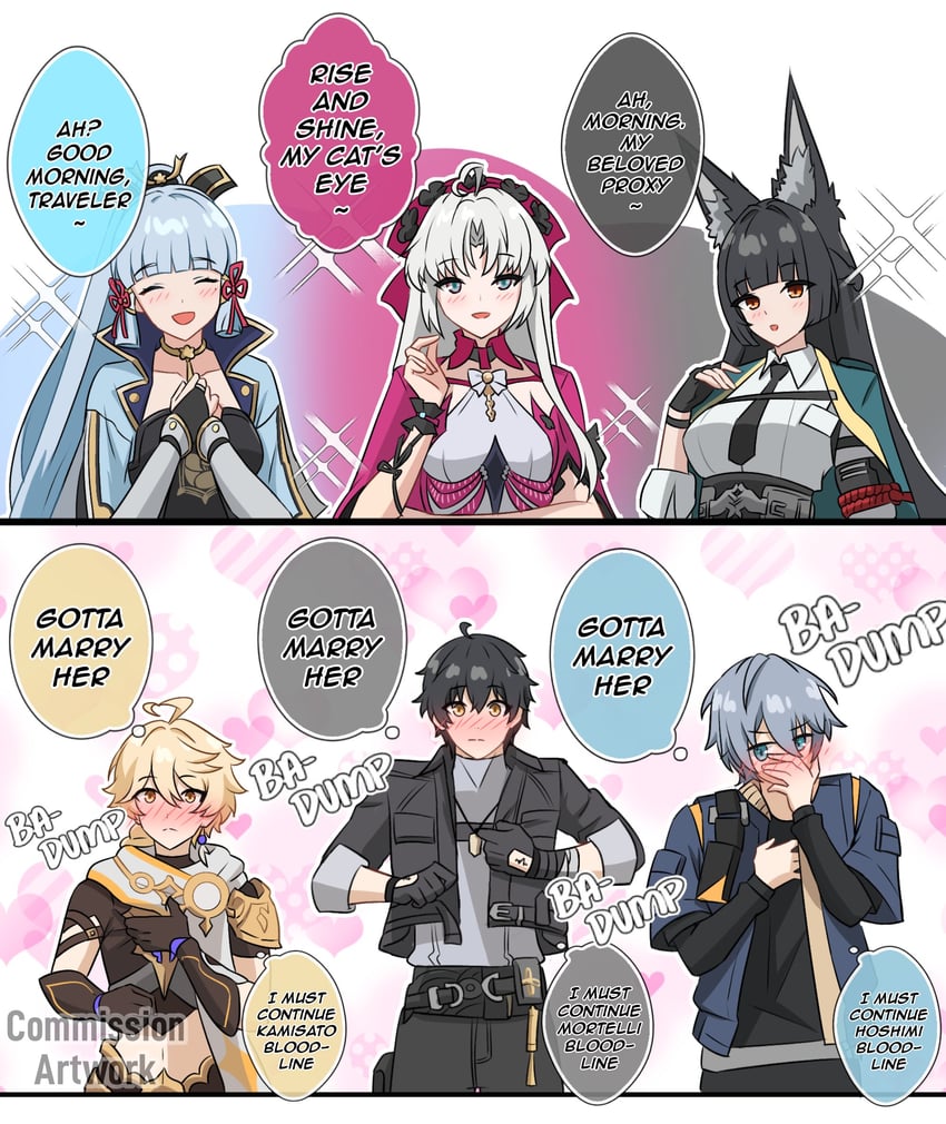 aether, kamisato ayaka, hoshimi miyabi, wise, rover, and 2 more (genshin impact and 3 more) drawn by kulojawa