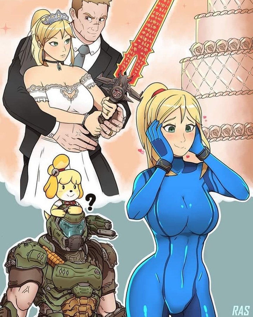samus aran, isabelle, and doomguy (super smash bros. and 4 more) drawn by solarius