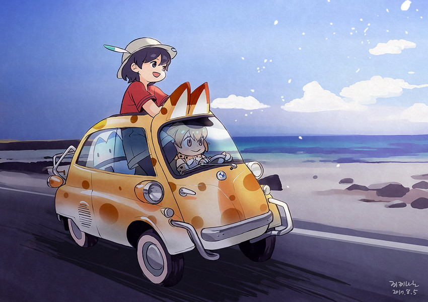 serval, kaban, and lucky beast (kemono friends) drawn by roonhee