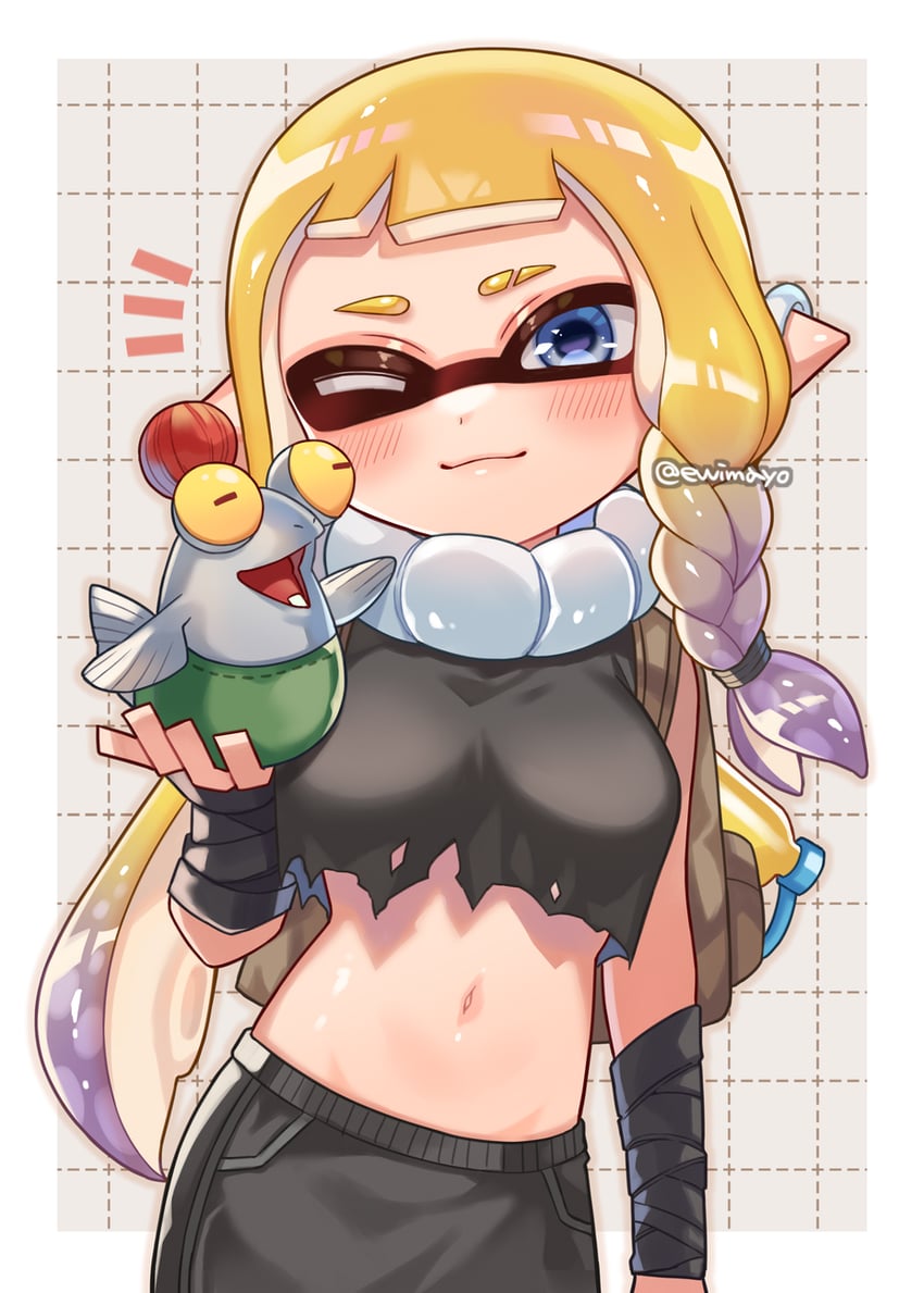inkling player character, inkling girl, and smallfry (splatoon and 1 more) drawn by shina_shina