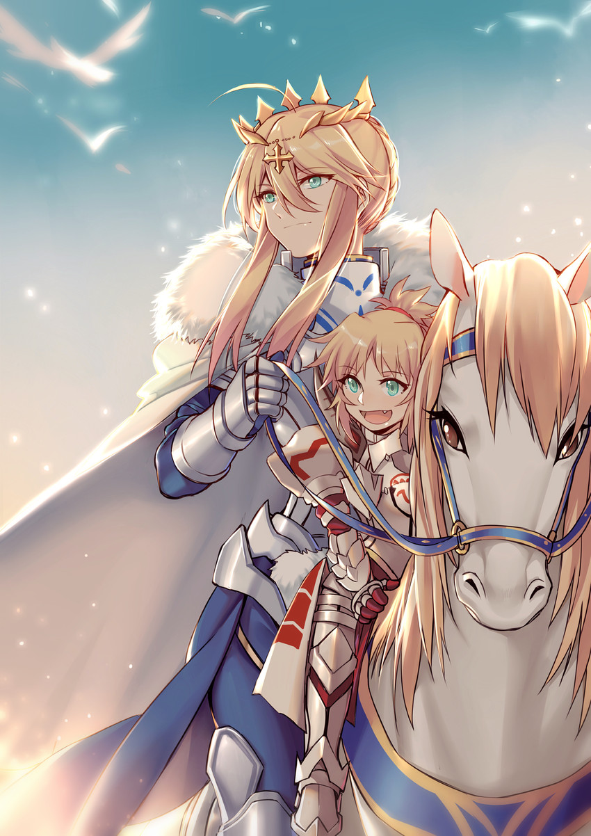 artoria pendragon, mordred, and dun stallion (fate and 2 more) drawn by yorukun
