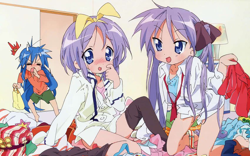 hiiragi kagami, izumi konata, and hiiragi tsukasa (lucky star) drawn by ueno_chiyoko