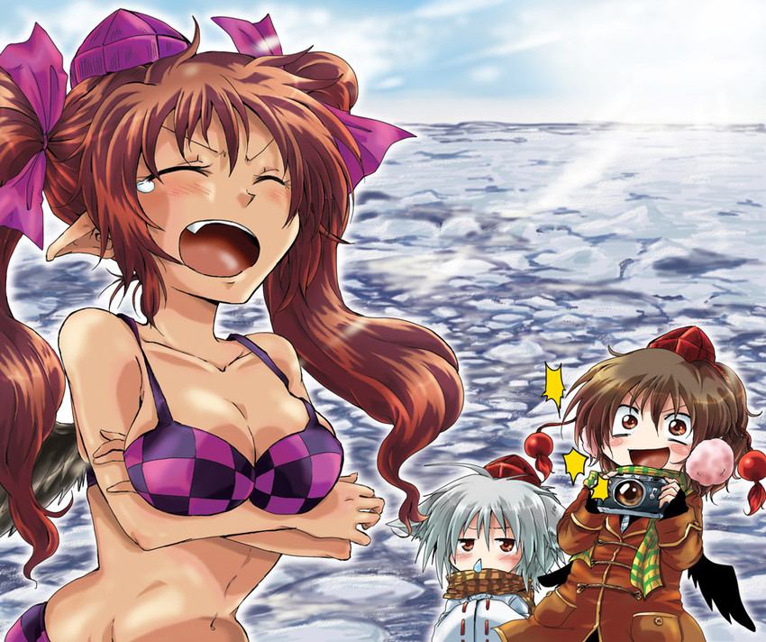shameimaru aya, inubashiri momiji, and himekaidou hatate (touhou) drawn by unya